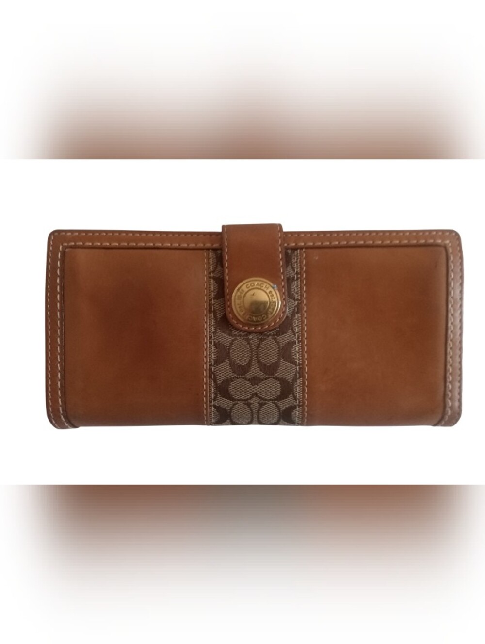 VTG Coach Tan Leather Signature Canvas Accordion Wallet With Snap